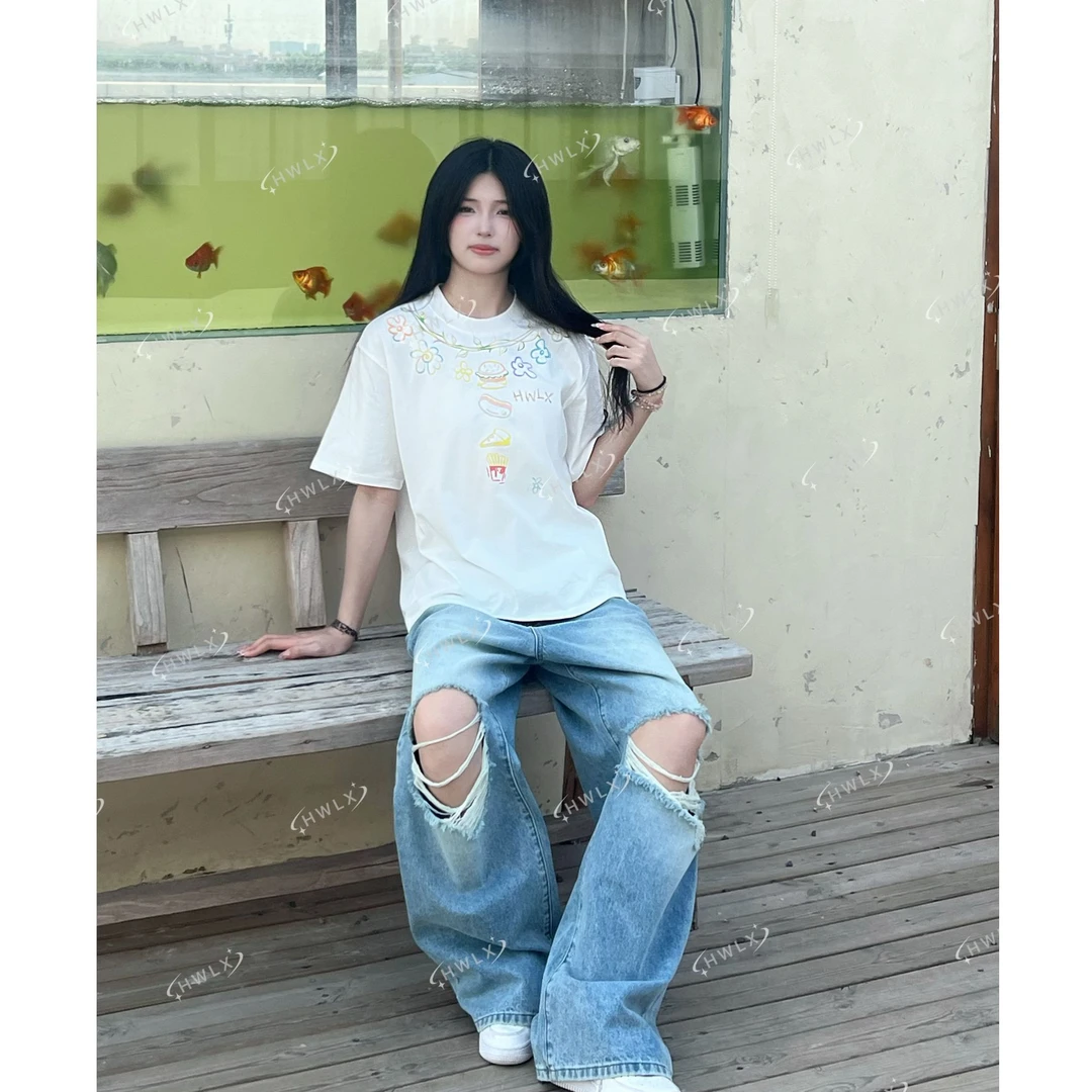 韩汶栩HWLX【汉堡彩绘】短袖夏季圆领印花情侣T恤时尚潮牌网红新款