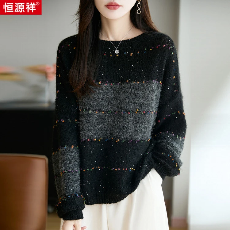 恒源祥早秋时尚亮片针织打底衫女士新款洋气上衣大码女装秋冬毛衣