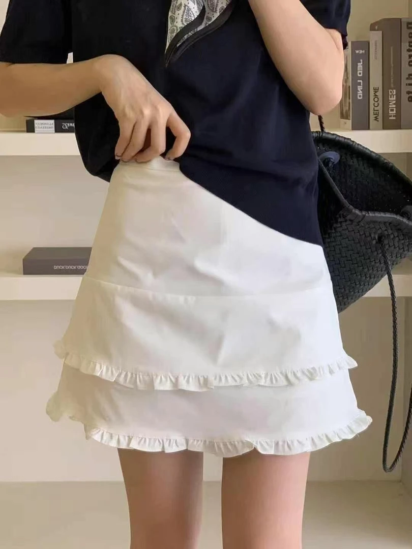 时尚夏季高腰A字百搭不规则拼接荷叶边显瘦花边裙子黑色半身裙