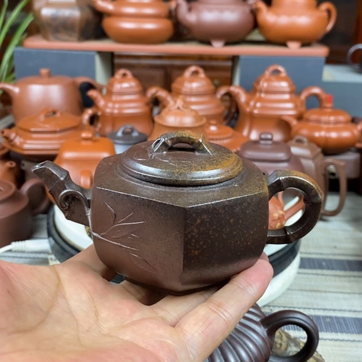 茶壶紫砂六方竹节180cc原矿老紫泥柴烧