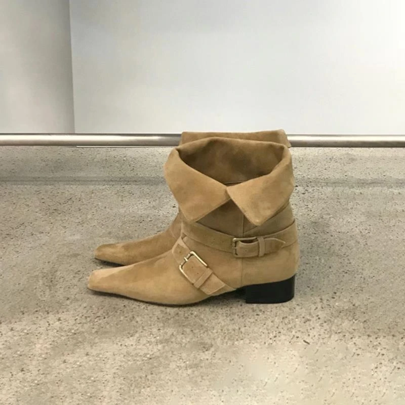 CBMT~绒面韩版新款小众复古法式短靴方头西部靴女粗跟中筒靴子