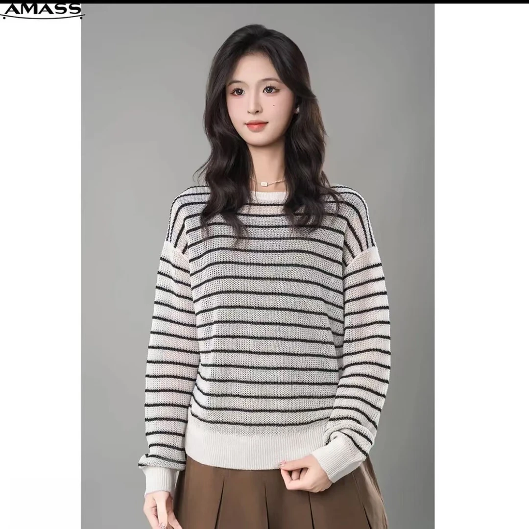 阿玛施早春新款慵懒感舒适亚麻细闪条纹宽松针织衫女538021