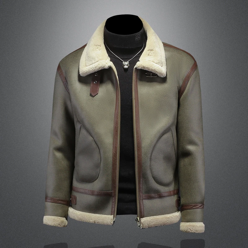 BOY NORMAN加绒加厚夹克一体绒皮皮衣男士秋冬保暖毛绒飞行机车服