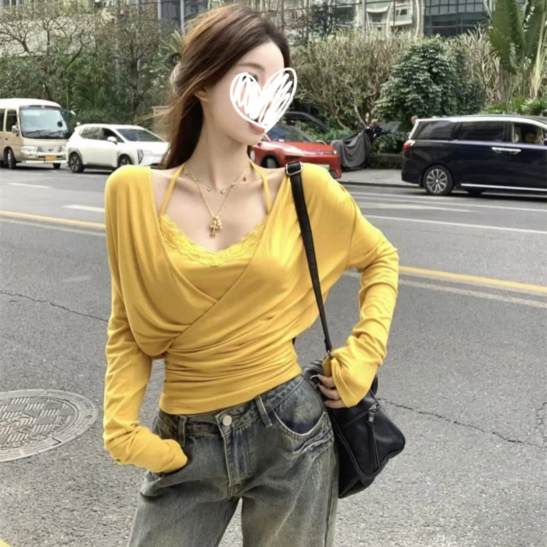 美式显瘦气质性感辣妹欧若风纯欲大领口V领蕾丝挂脖长袖