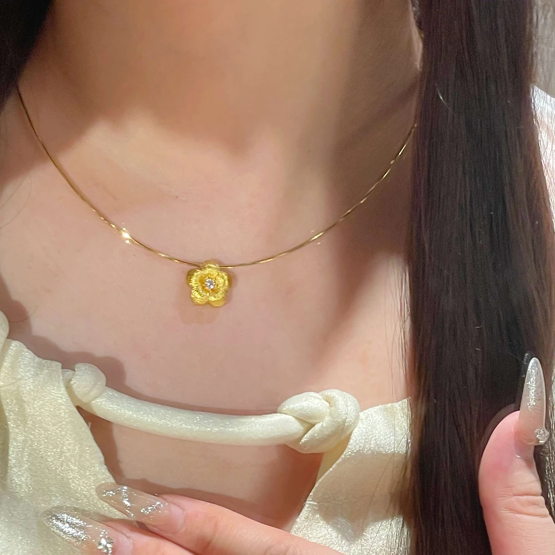 铜合金项链 古法实心拉丝丝绒小花点钻项链项圈【达人专属】