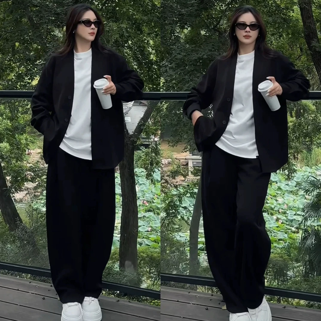 秋季复古慵懒风休闲两件套开衫宽松休闲外套显瘦压褶休闲裤套装男