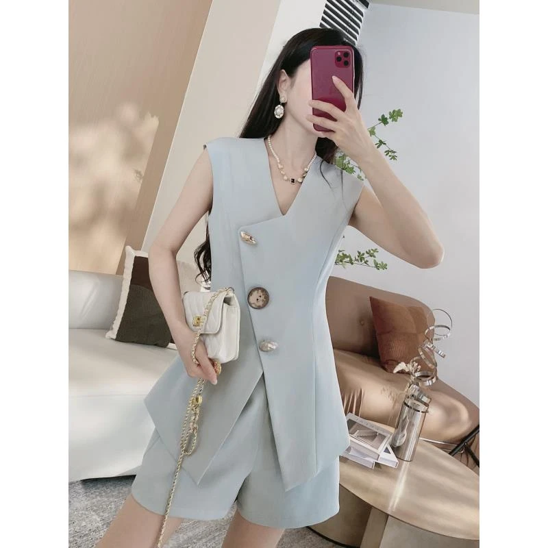 D3【橦颜】收腰大扣子分叉上衣+两侧松紧短裤两件套3892（2256）