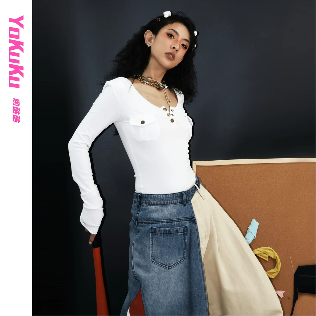 哟酷酷（扶摇直上）美式复古风琴口袋修身显瘦圆领套头长袖打底衫