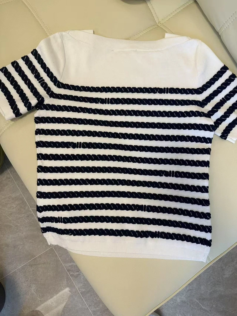 A176 编织条纹休闲风短袖T恤女（哎哟喂）