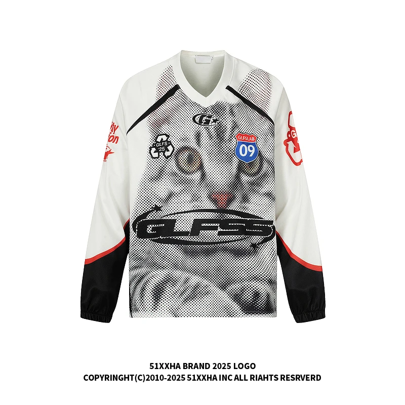 51嘻哈美式赛车风猫咪印花球衣长袖T恤男潮牌复古宽松运动V领上衣