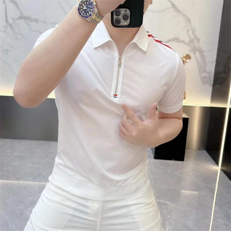 欧货短袖T恤男士时尚休闲夏季半袖POLO衫翻领拉链印花上衣潮5506