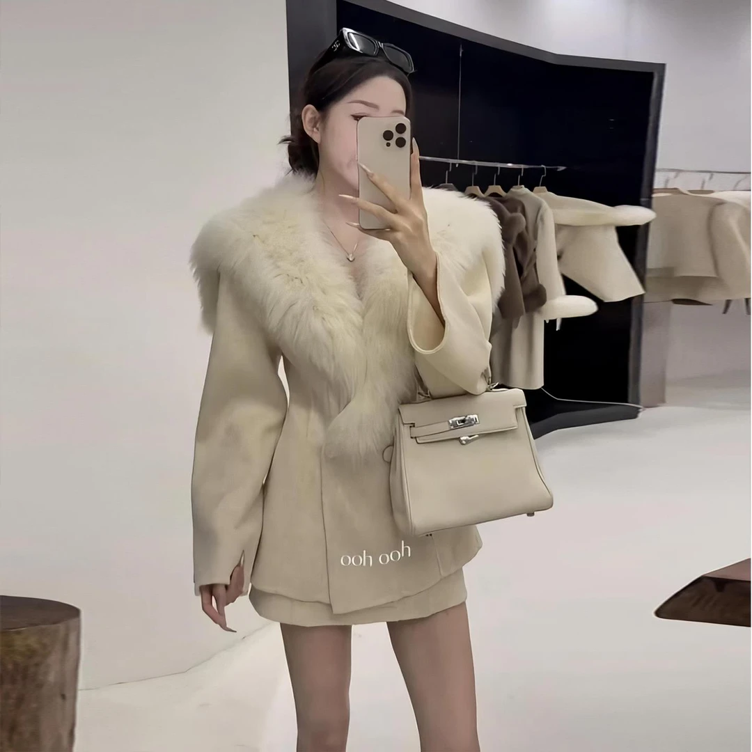 【下单发货模特原版】高级感毛呢秋冬2025新款大毛领半身裙两件套