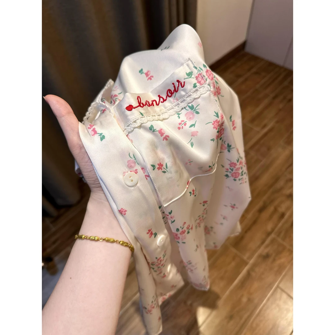 甜美纯欲碎花印花冰丝睡衣女秋季2025新款大码长袖长裤家居服套装