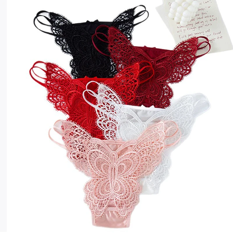 法式诱惑无痕内裤女款刺绣蝴蝶缎面女士内裤细带镂空性感蕾丝内裤