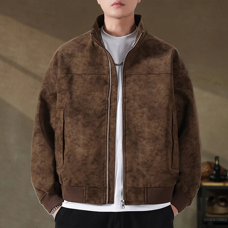 高级感美拉德复古扎染立领PU皮衣男秋冬新款美式机车皮夹克外套男