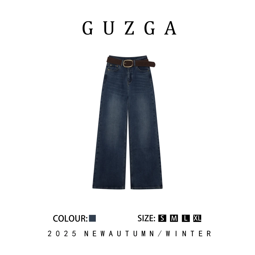 GUZGA【顾盼生辉】（加绒）2025秋冬藏蓝新款高腰阔腿牛仔裤女中式