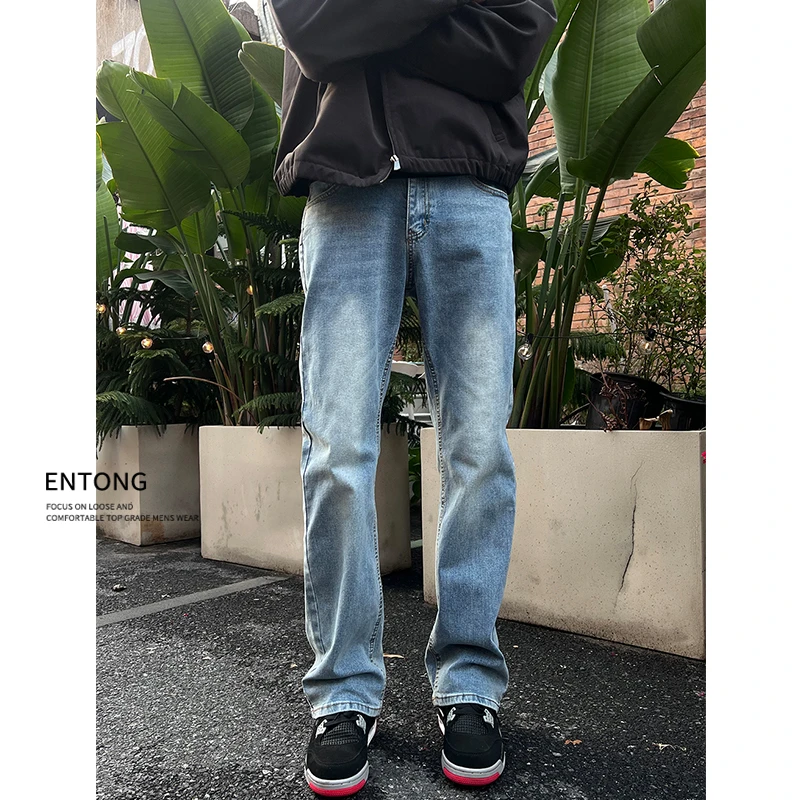 Entong复古浅蓝色vibe微喇牛仔裤男美式高街潮流百搭水洗显瘦裤子