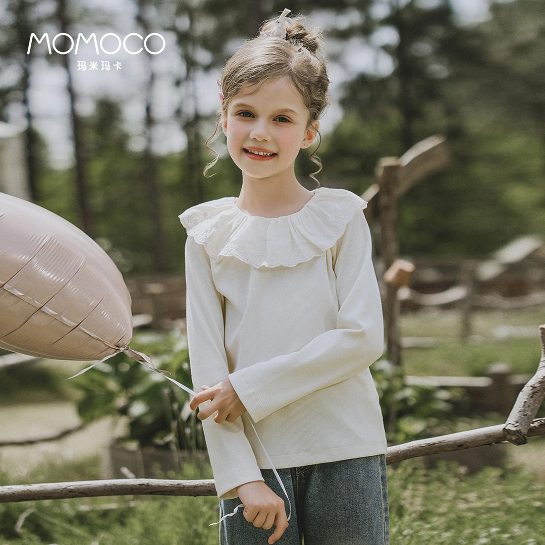 【颜妈专属】MOMOCO女童秋季洋气百搭花边领纯色打底衫77780239002