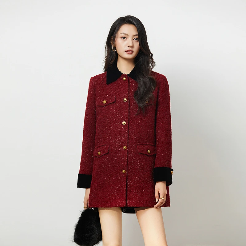 中长款毛呢外套节日款双面呢大衣秋冬短外套秋季女装RL24438W501