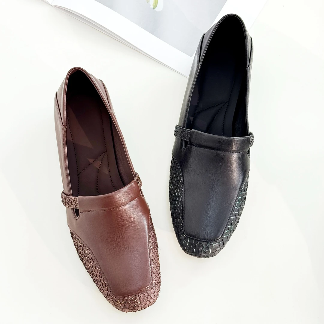 2025年春季新款真皮法式方头一脚蹬不累脚乐福女单鞋JD003