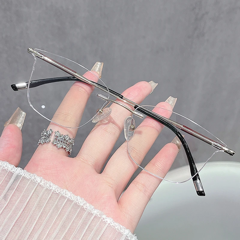 12-檀木无框近视眼镜女可配度数猫眼超轻高级感颜无边框眼睛镜架