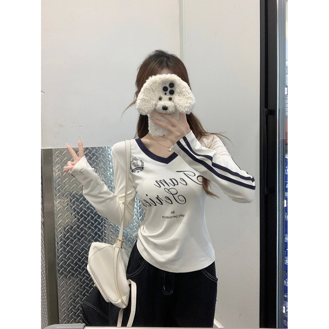 亦声长袖t恤女装薄2025早春新款设计感修身收腰印花打底衫V领DZM