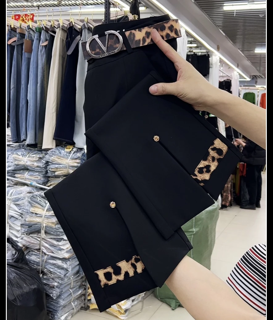 豹纹款新款时尚前开衩女装裤
