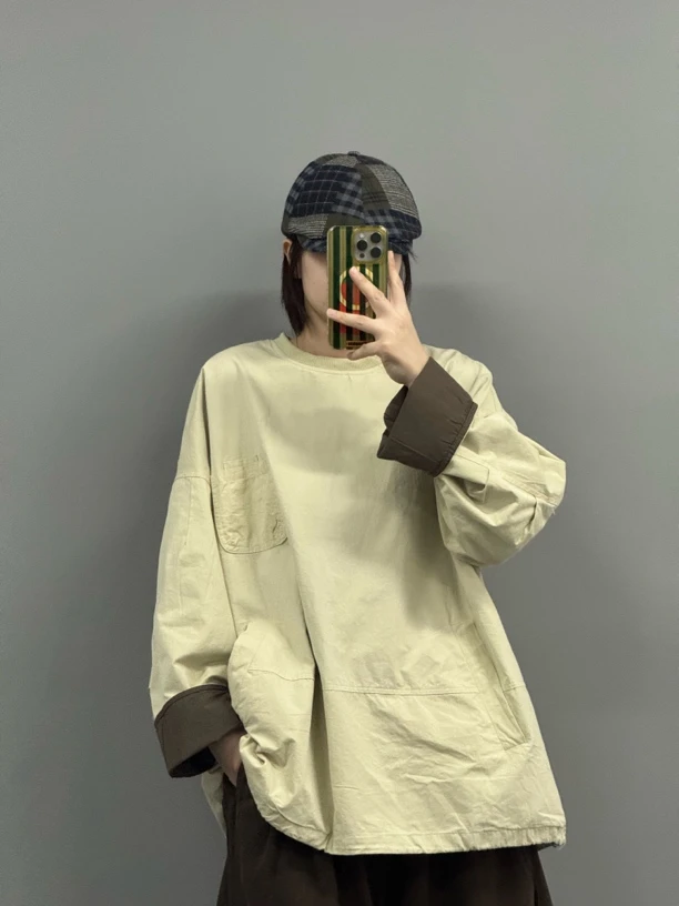 【撞色里衬套头上衣】秋季百搭春秋纯色防脏长袖女套头圆领短外套