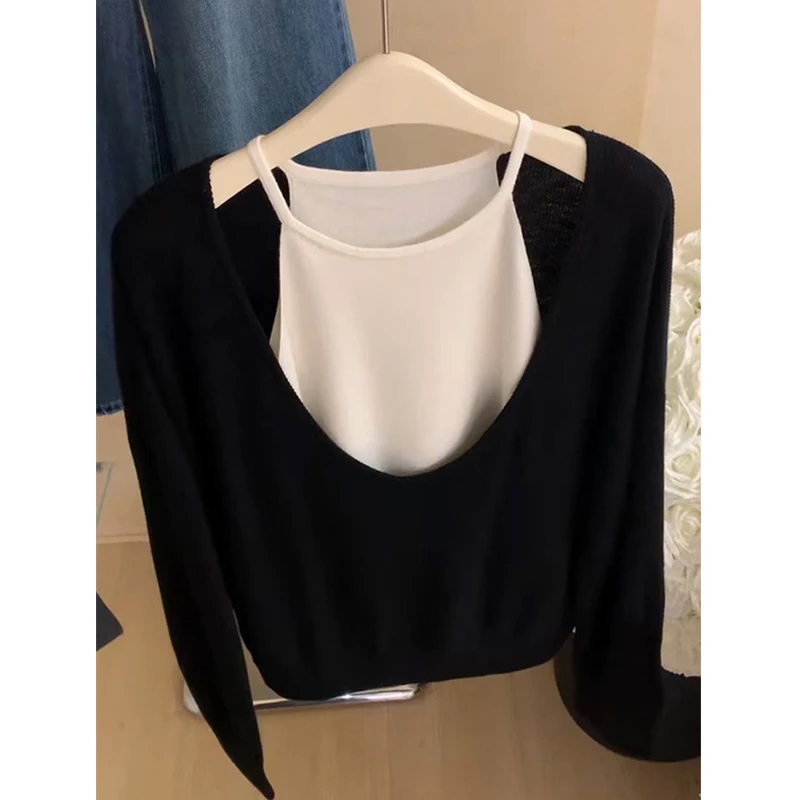 NUMEN BUTTON/灵扣法式别致黑色两件套吊带针织打底衫女初秋韩系