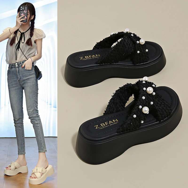 厚底拖鞋2025夏季新款平底绒面高跟小香风外穿时尚百搭凉鞋女拖鞋