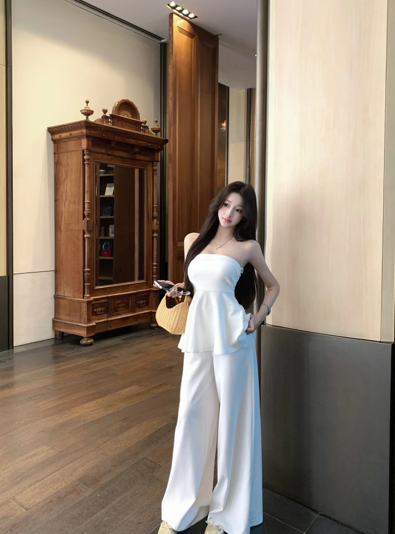 阔腿裤上衣夏季裹胸气质法式两件套显瘦抹胸高腰套装两件套阔腿裤