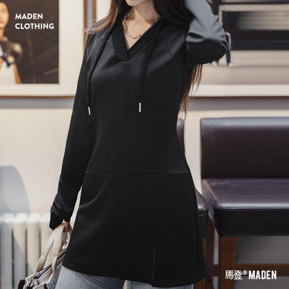 马登空气层幂式包臀卫衣裙V领收腰纯欲修身一步裙春连帽连衣裙女