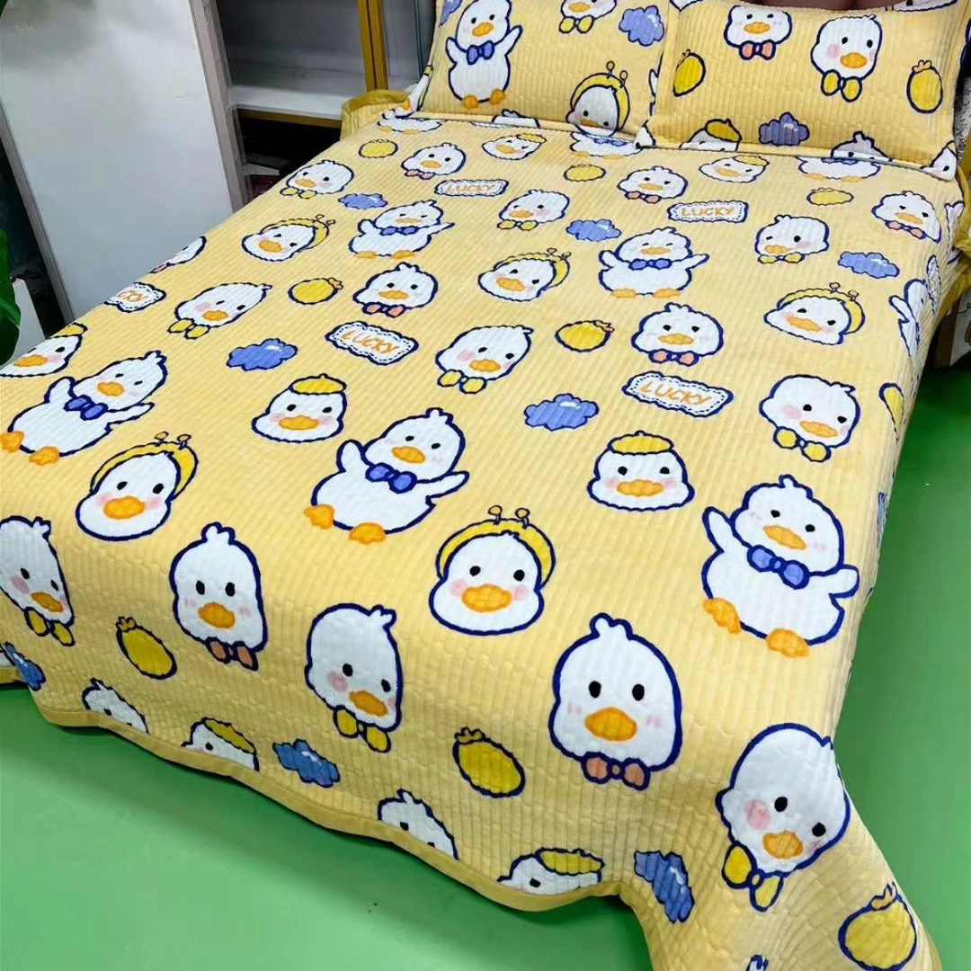 【宝宝绒床盖】<可爱鸭-橙>200X230cm<±5cm>绗缝多功能保暖加厚