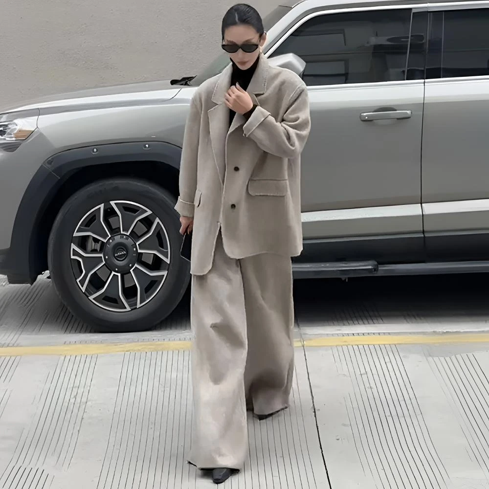 老钱风高级感休闲毛呢西装套装女春秋新款西服外套阔腿裤两件套潮