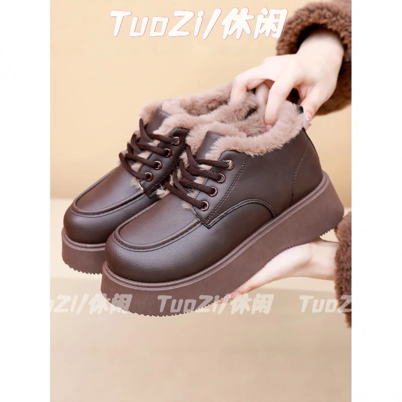 2025冬季新款老北京棉鞋女加绒加厚保暖雪地靴厚底增高皮面乐福鞋