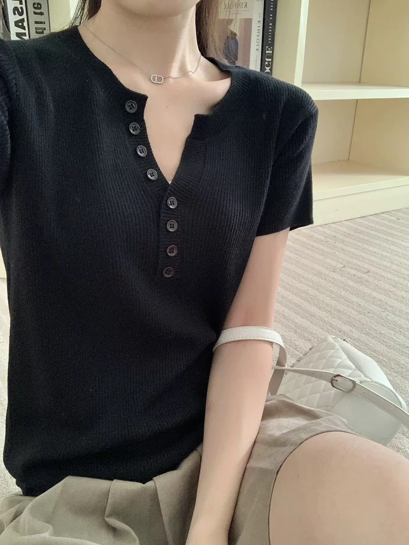 【抽条8粒扣】小飞袖夏季小个子抽条针织短袖T恤女新款