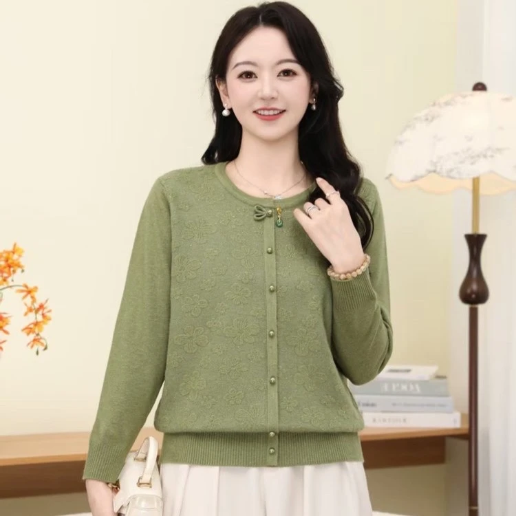 妈妈装针织毛衣女春秋新款中老年百搭打底衫时尚显瘦开衫外套上衣