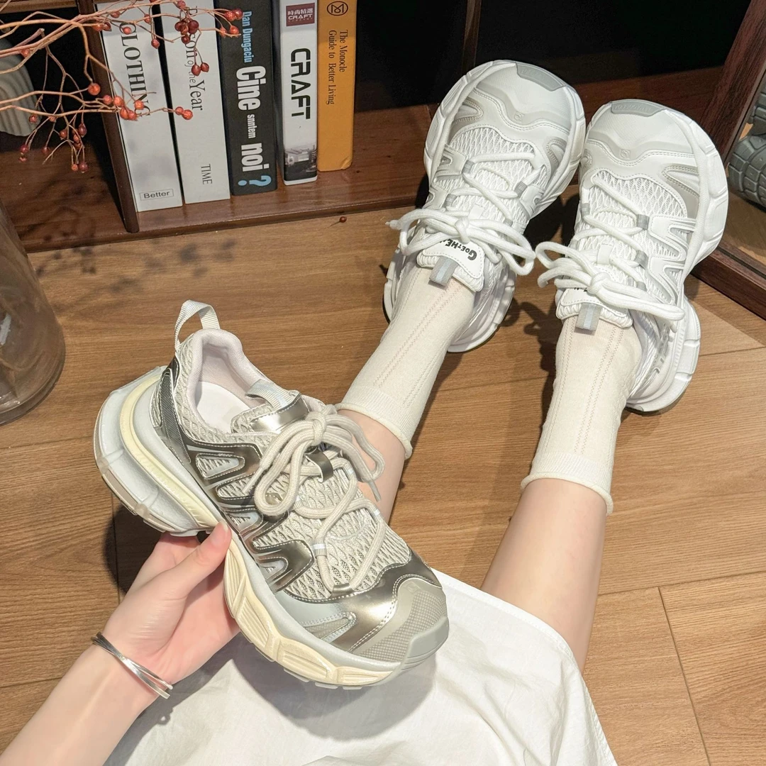 贾不假老爹鞋女2025夏季爆款正品厚底女鞋薄款透气百搭银色运动鞋