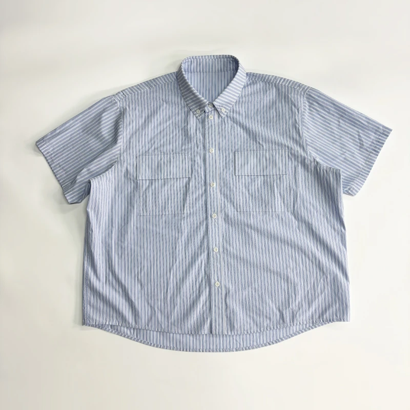 K10STUDIO 夏季轻薄蓝白条纹日系重工短袖衬衫