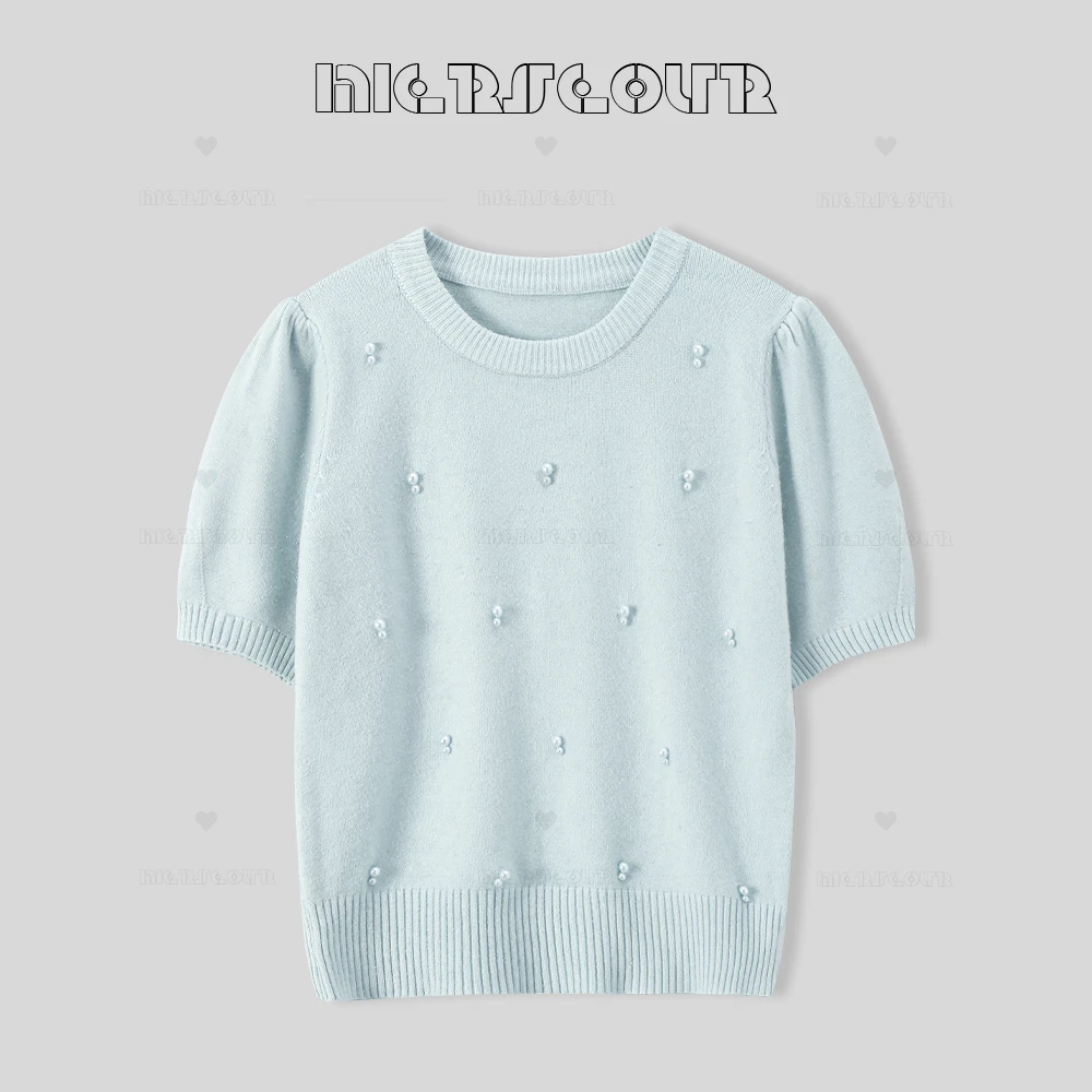 【清风来袭】甜美舒适公主袖钉珠针织短袖806
