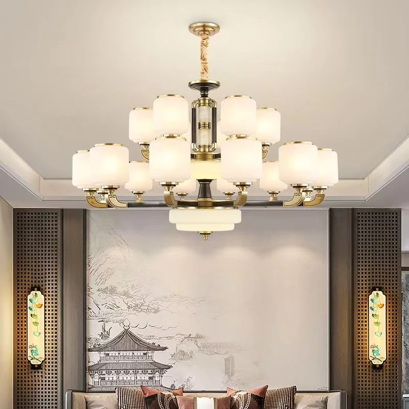 盛珊金玉锦绣全铜新中式客厅吊灯别墅餐厅茶室卧室全光谱中山灯具