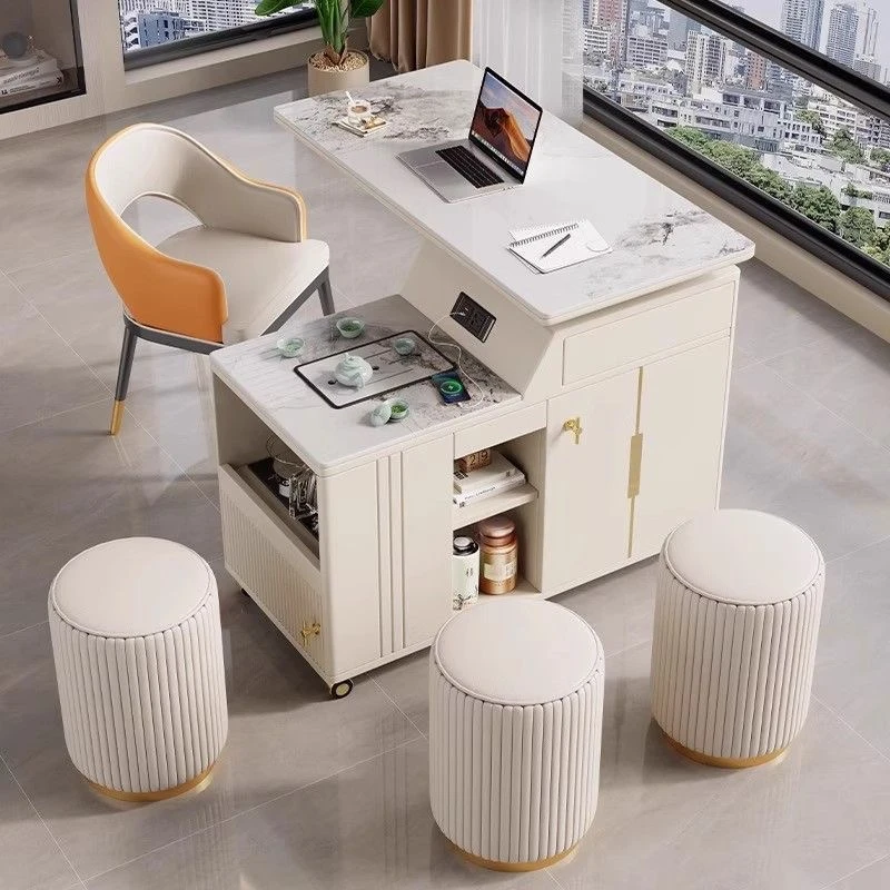 阳台移动茶台轻奢现代家用小户型茶车岩板多功能移动旋转茶桌一套