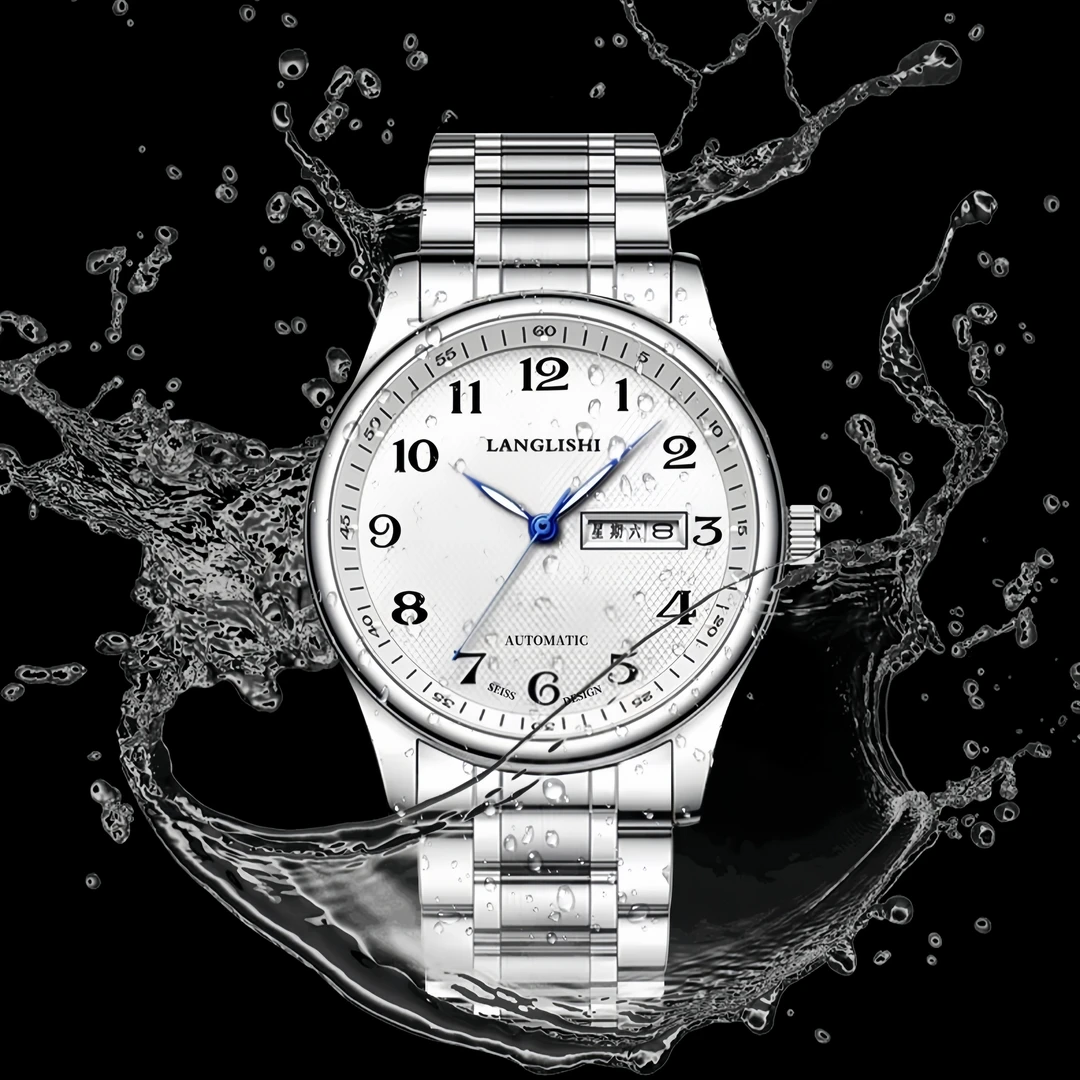 【专柜直发】男士经典白盘数字钢带双日历蓝针夜光手表潮商务腕表