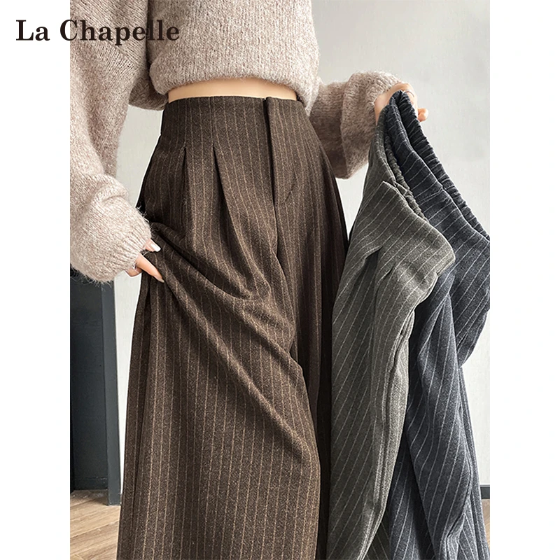 拉夏贝尔美拉德西装阔腿裤女秋季新款高级感竖条纹高腰垂感拖地裤