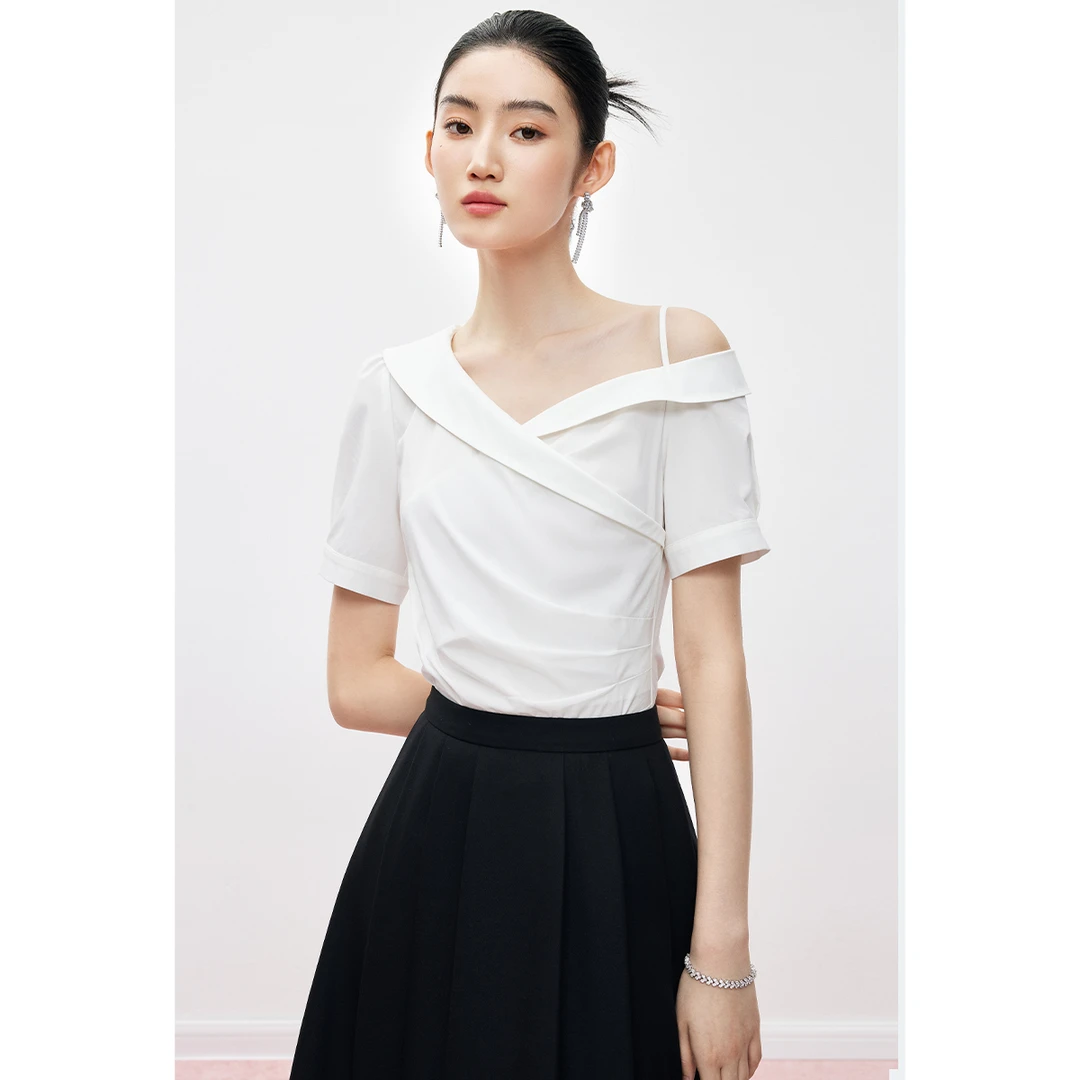 MandyZhang法式设计感不对称翻领衬衫女夏季高级白色泡泡短袖上衣