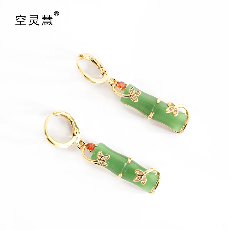 非金属合成锆石耳饰 0405  绿色竹节耳钉