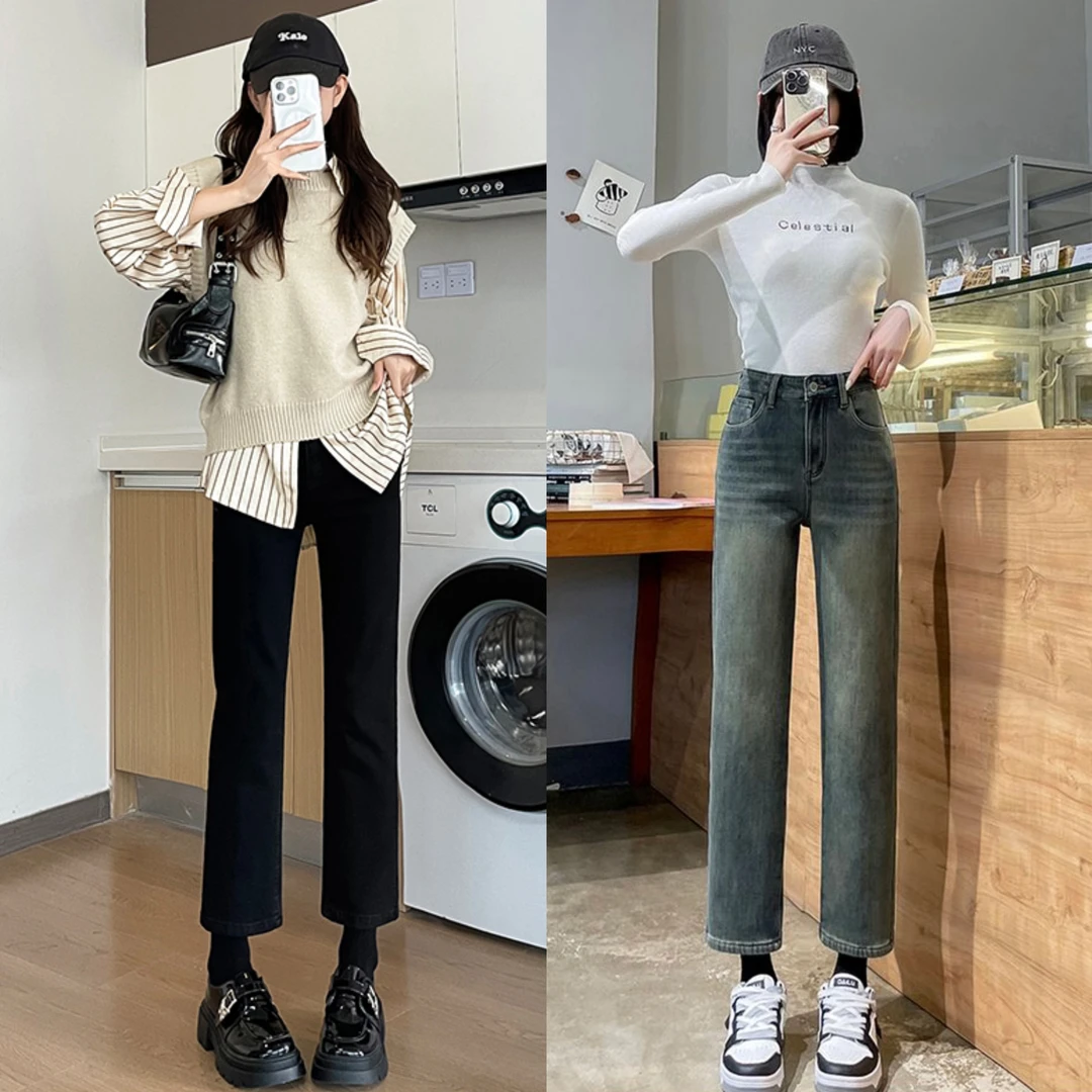 小个子直筒牛仔裤女2025早春四面弹烟管裤高腰百搭胖mm显瘦九分裤