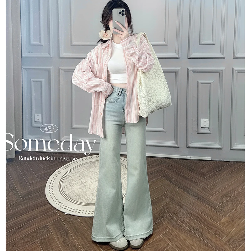 【杨小欧专属】不贴腿微喇牛仔裤女高腰遮肉显瘦宽松阔腿喇叭裤子