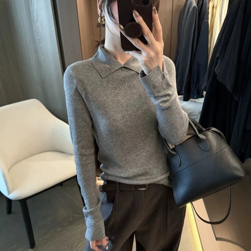 胖mm大码女装韩系灰色翻领长袖针织衫女秋冬内搭打底衫巨好看上衣