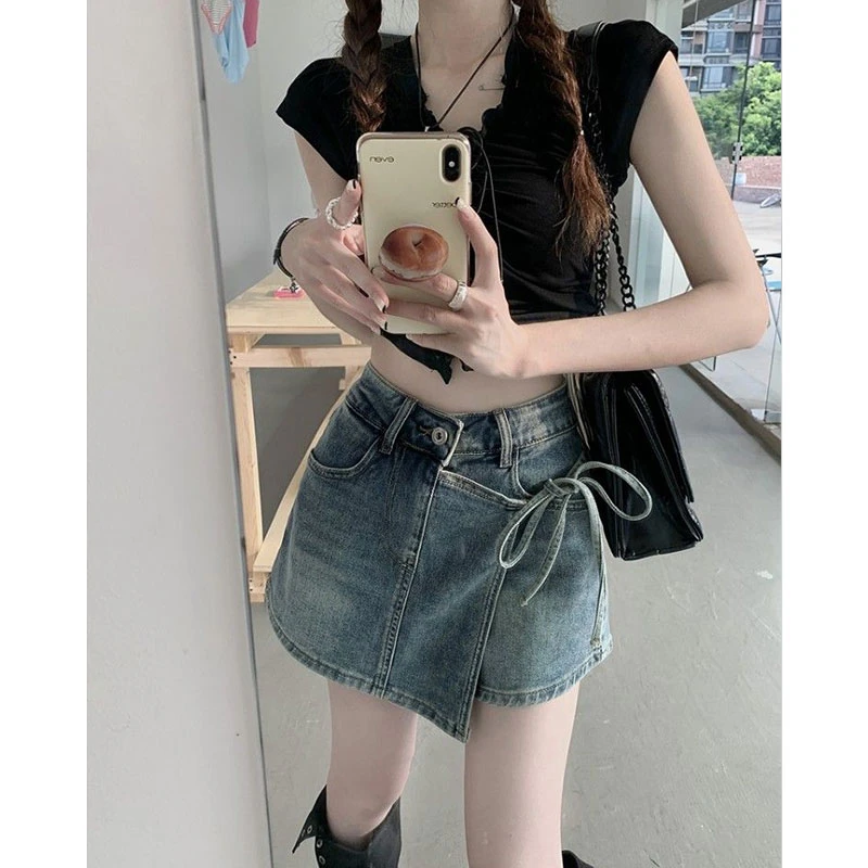 设计感不规则绑带牛仔裙女夏季小个子甜辣辣风高腰显瘦a字短裙裤